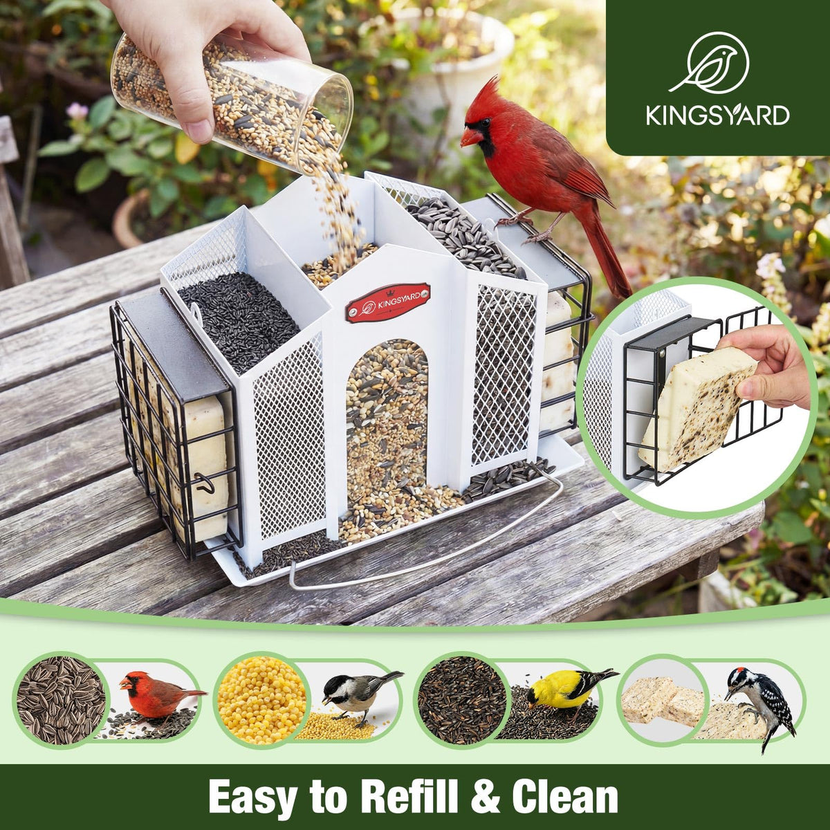 Kingsyard central house compartments; versatile seed options attract diverse birds