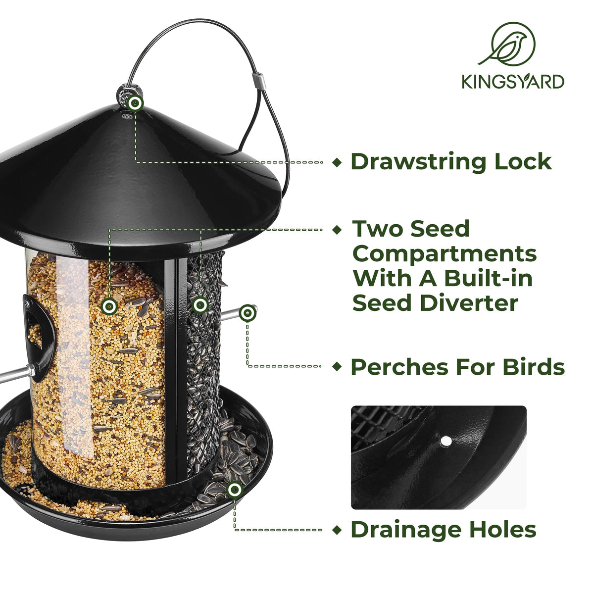 Kingsyard chew-proof metal construction guarding feed from squirrels