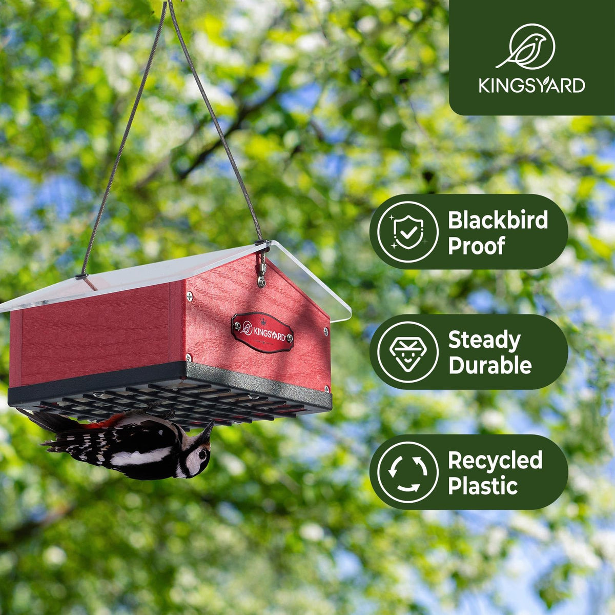 Kingsyard easy-refill top lid enables quick reload of two suet blocks.