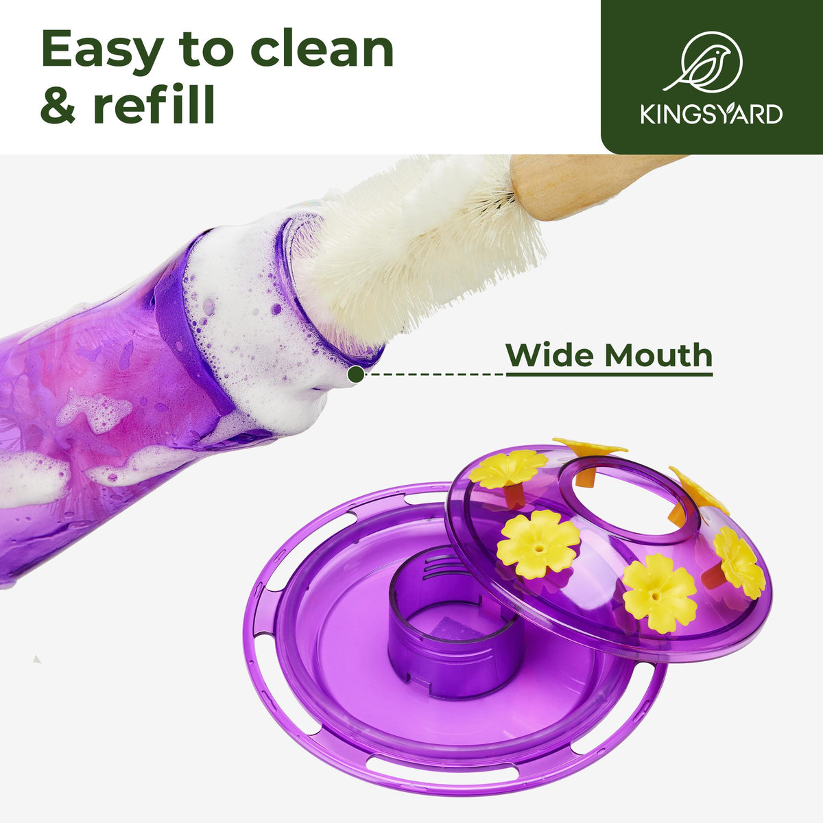 Kingsyard glass hummingbird feeder features a 360-degree perch for natural feeding from any angle.