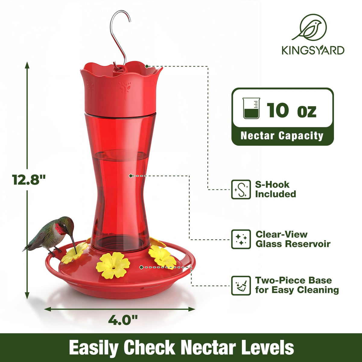 Kingsyard hummingbird feeder with ant moat protects nectar from pests.