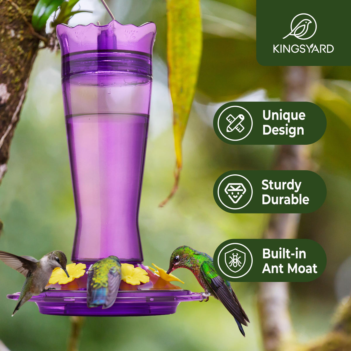 Kingsyard glass hummingbird feeder with bee-proof ports keeps nectar accessible for hummingbirds.