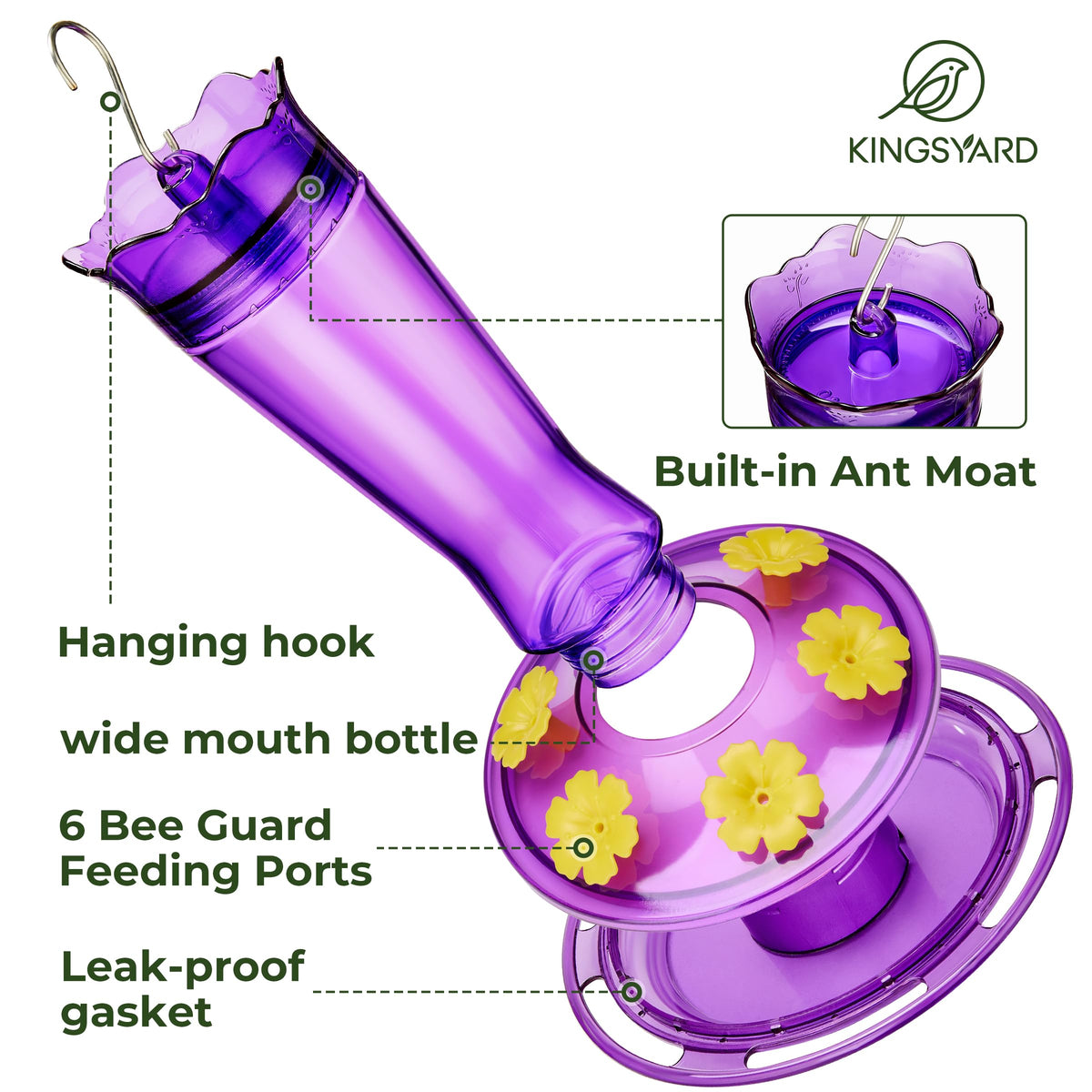 Kingsyard glass hummingbird feeder with leak-proof base prevents spills during refills outdoors.