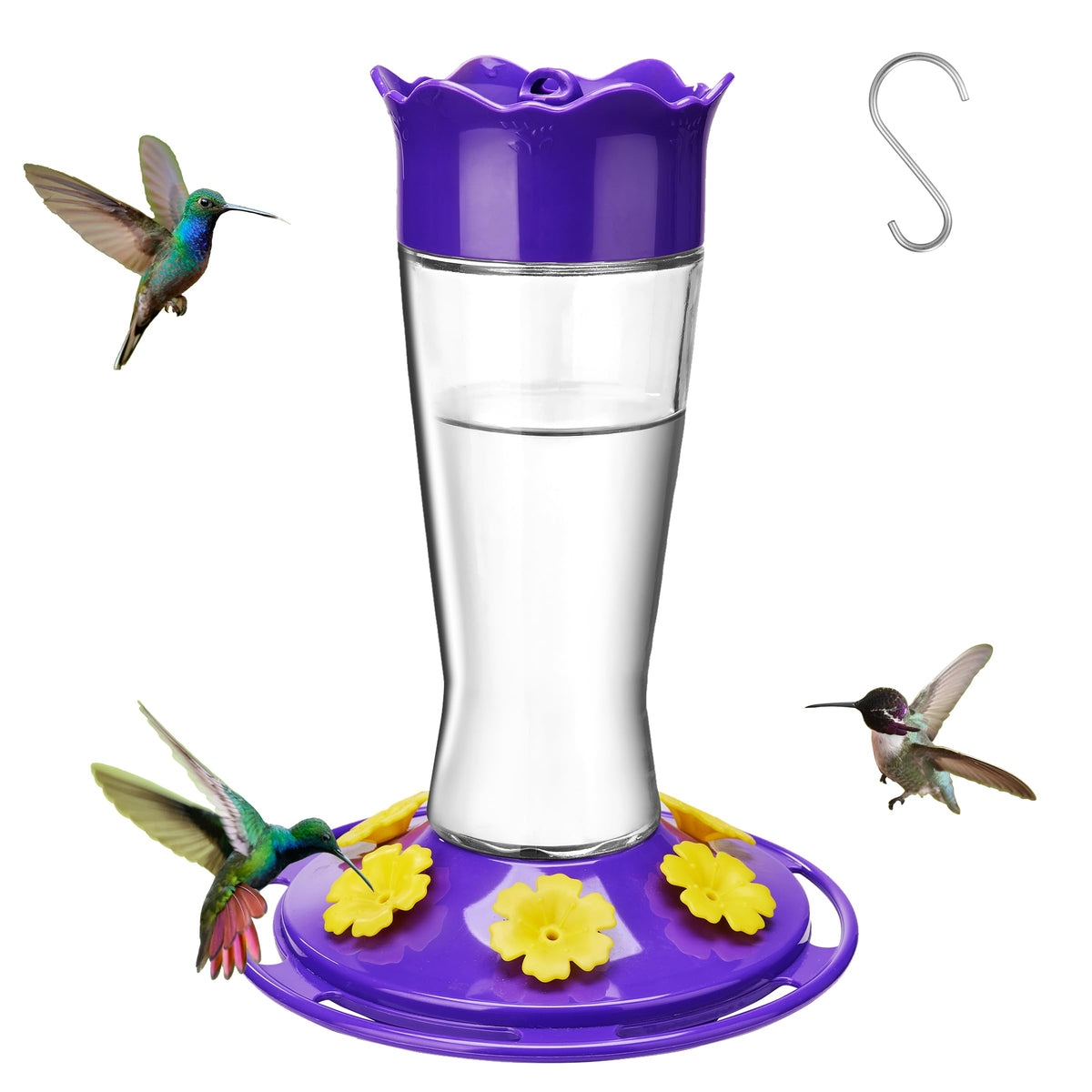 Kingsyard glass hummingbird feeder in purple, front view drawing garden visitors.