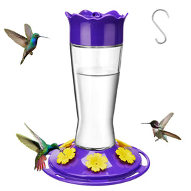 Kingsyard glass hummingbird feeder in purple, front view drawing garden visitors.