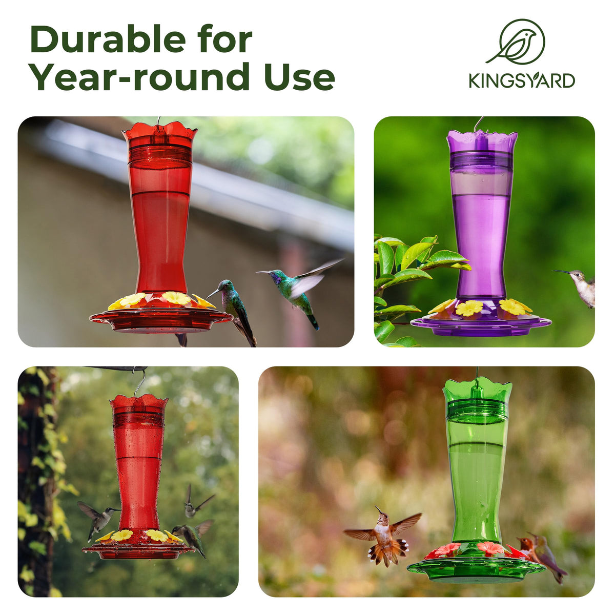 Purple Kingsyard feeder accents double as garden décor and attract hummingbirds to outdoor spaces.