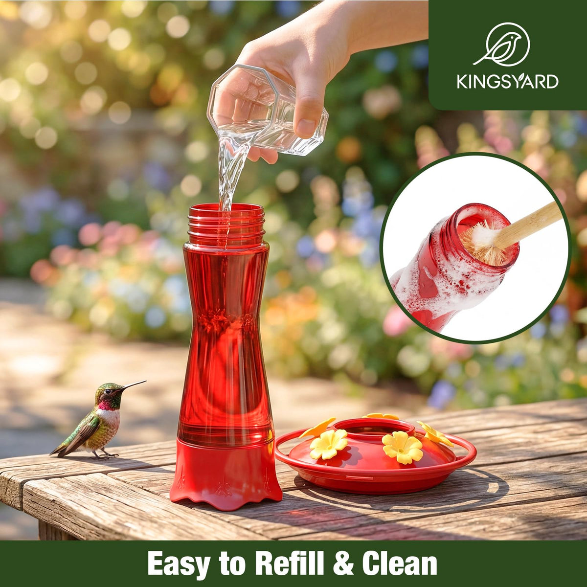 Kingsyard wide mouth bottle makes refilling quick and mess free.