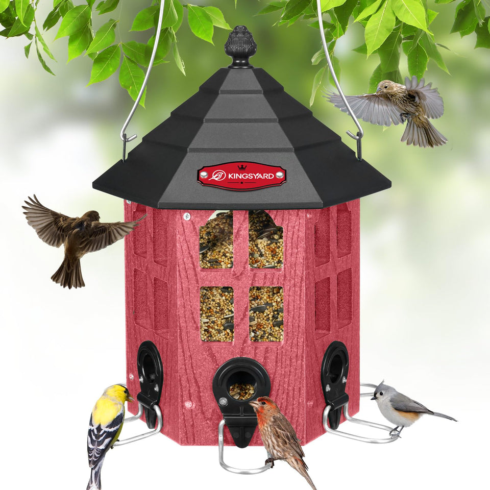 Kingsyard large bird feeder front view in red showing weatherproof design for year-round feeding