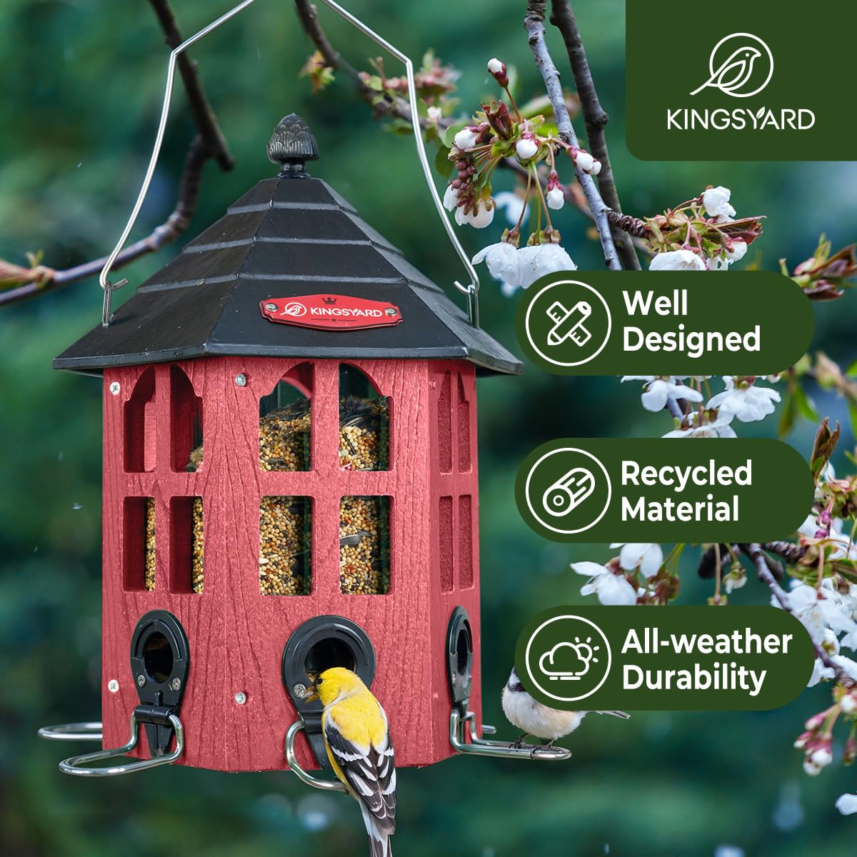 Kingsyard bird feeder roof detail with inclined roof shedding rain to keep seeds dry