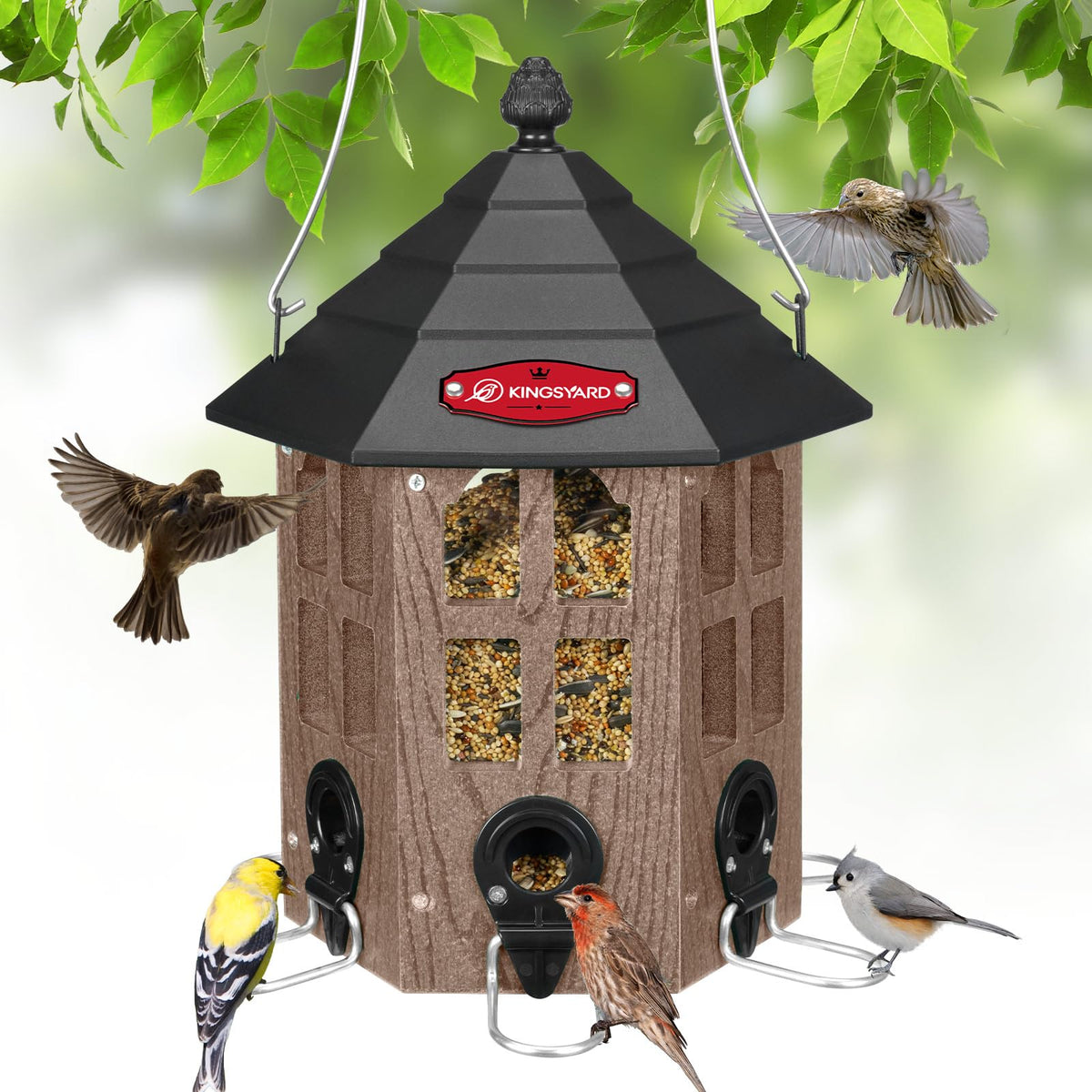 Kingsyard large brown bird feeder with weatherproof housing for year-round feeding.