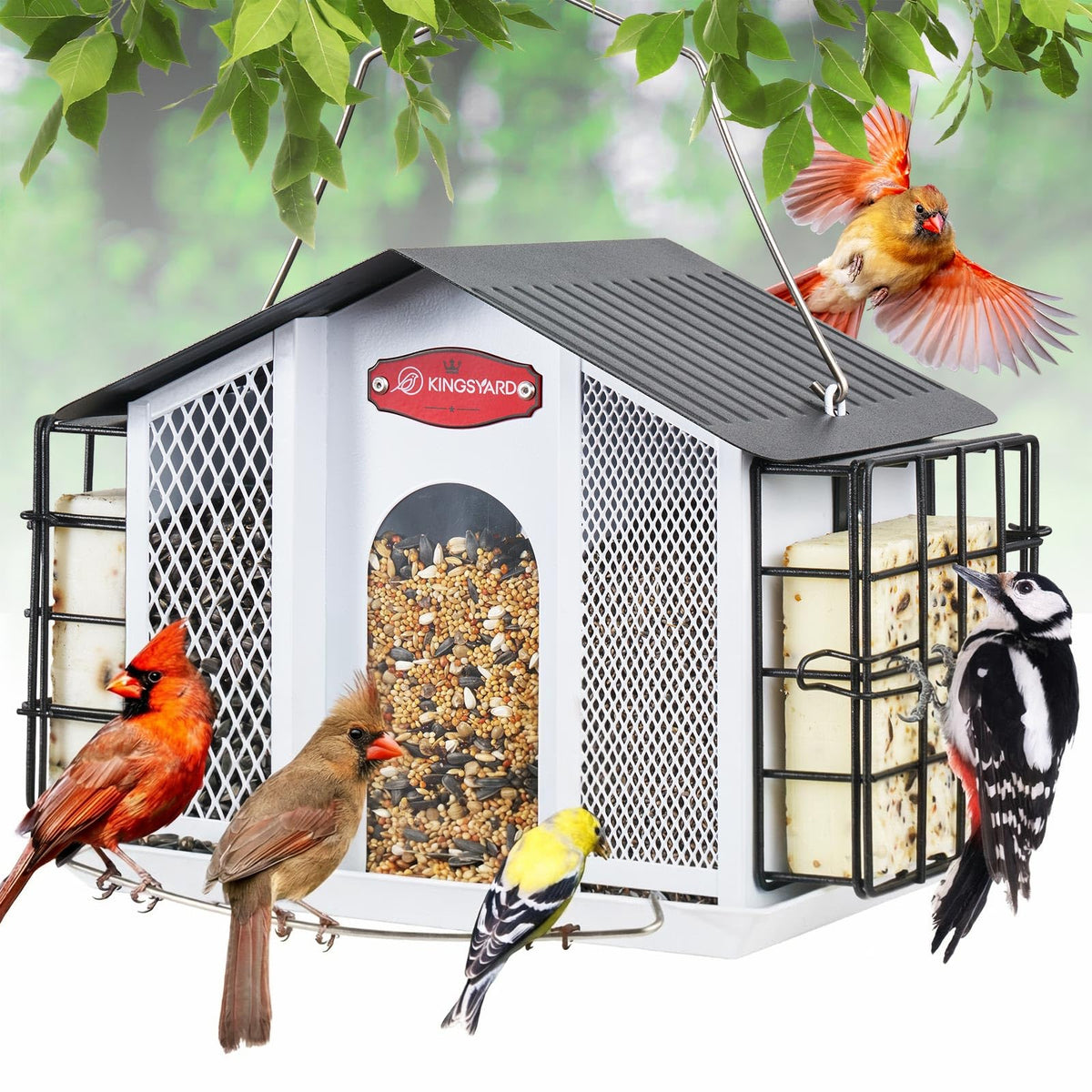 Kingsyard large metal bird feeder for outdoor hanging; durable and weatherproof