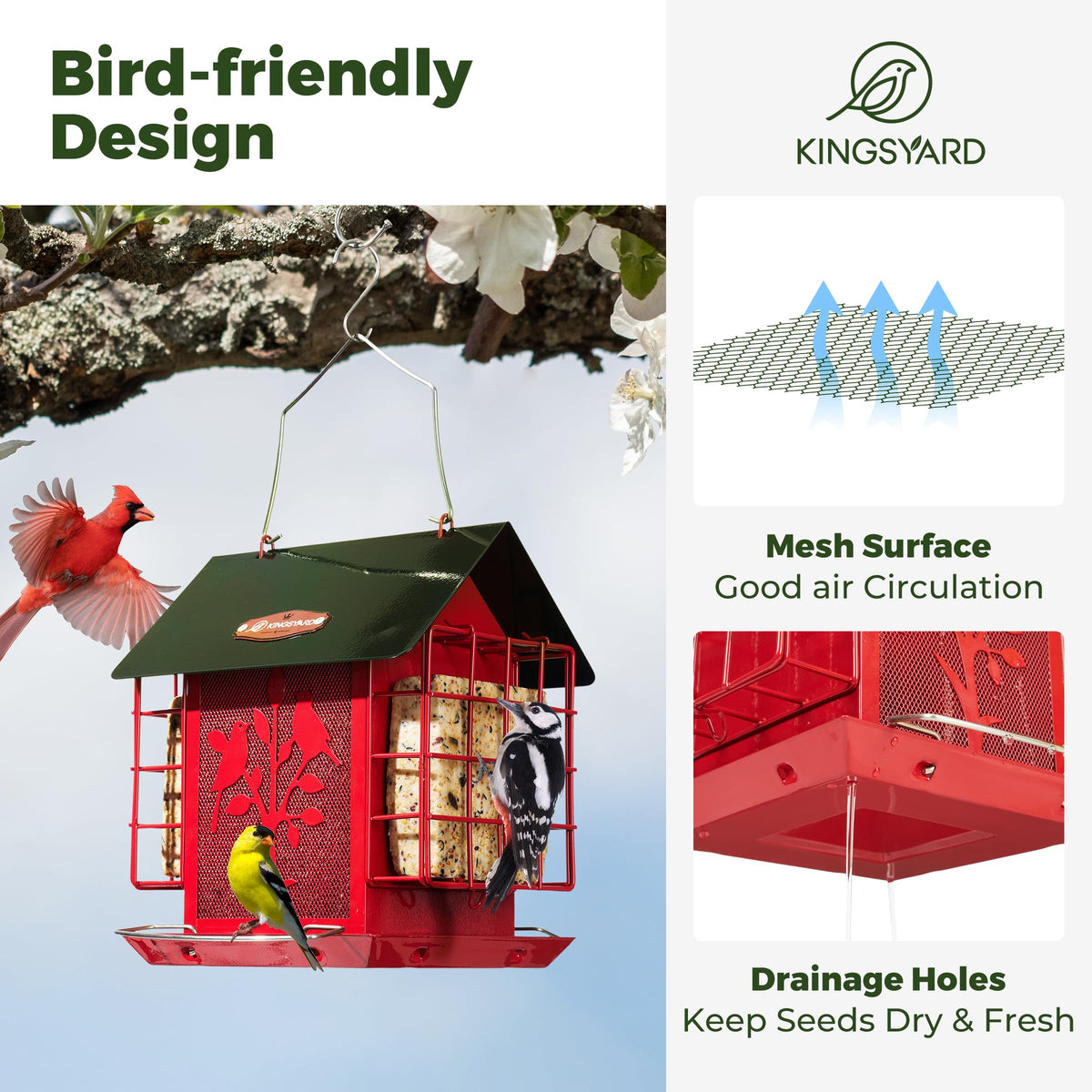 Kingsyard feeder finish resists rust for outdoor use.