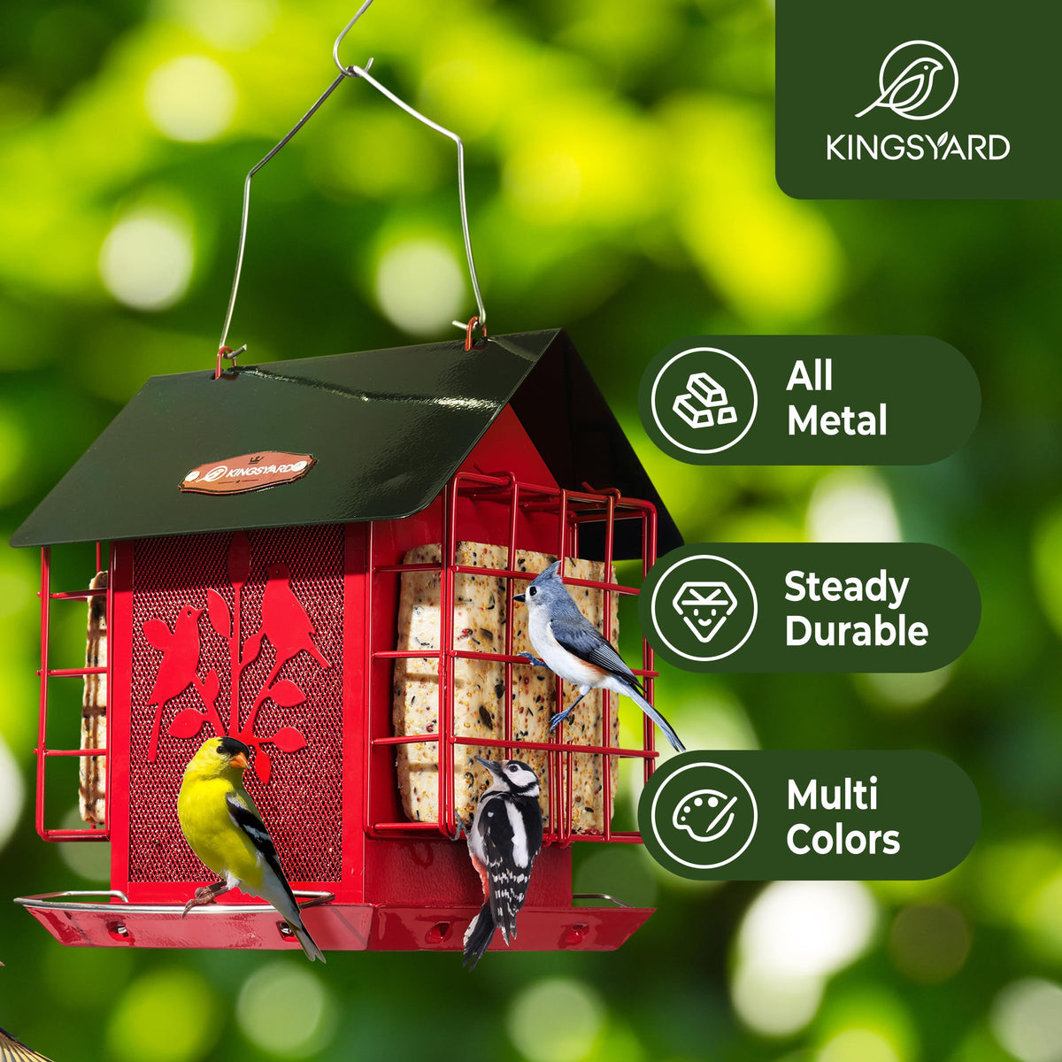 Kingsyard feeder shows central seed compartment for easy multi-species access.