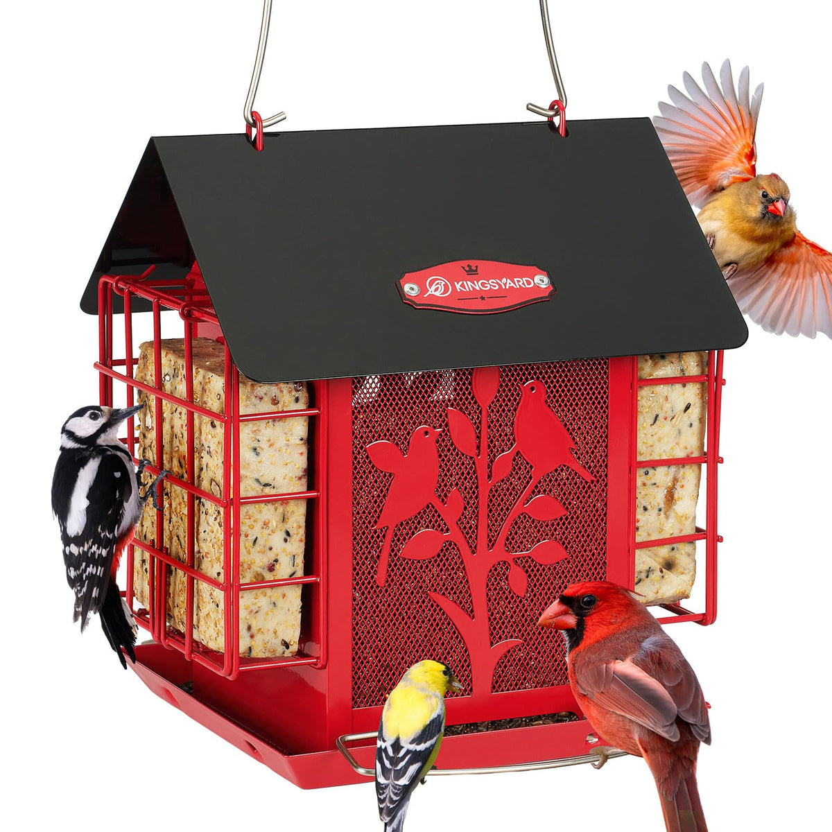 Kingsyard metal bird feeder with dual suet cages enables 360-degree feeding.