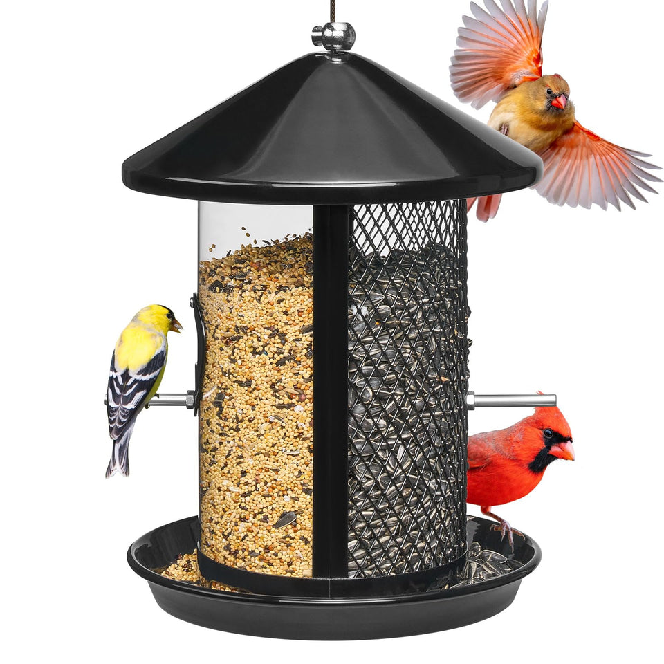 Kingsyard metal bird feeder hanging in a garden attracting cardinals and goldfinches