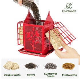 Kingsyard feeder roof provides weatherproof protection for seeds.