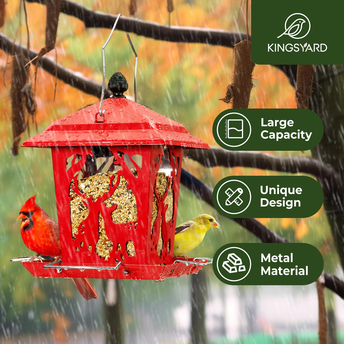 Outdoor hanging Kingsyard bird feeder with four side perches for multiple birds