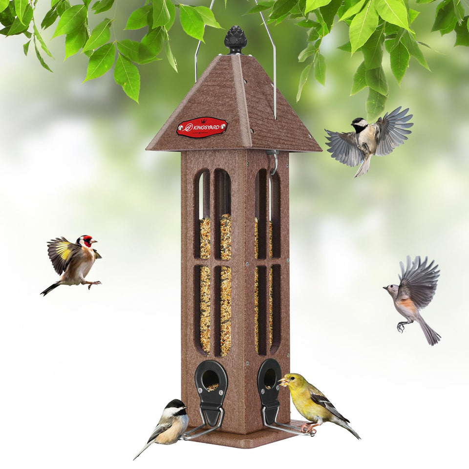 Kingsyard rainproof bird feeder with outdoor hanging design keeps seeds dry for visiting birds.
