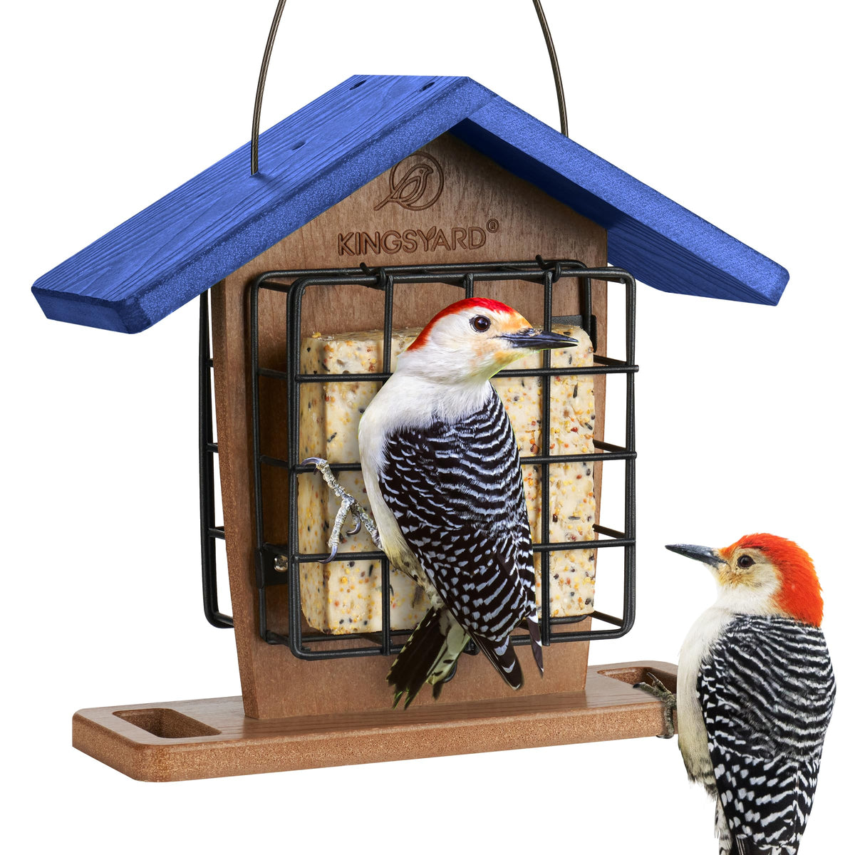 Kingsyard recycled plastic double suet feeder with rainproof roof, durable for year-round use.