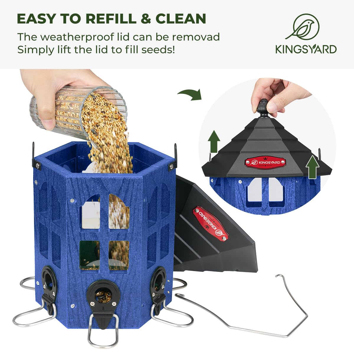 Kingsyard recycled-plastic hopper keeps seeds dry and easy to clean.