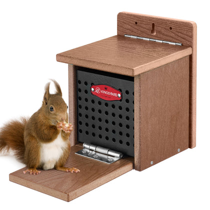 Kingsyard Squirrel Feeder Box outside, durable recycled plastic for year-round outdoor use.
