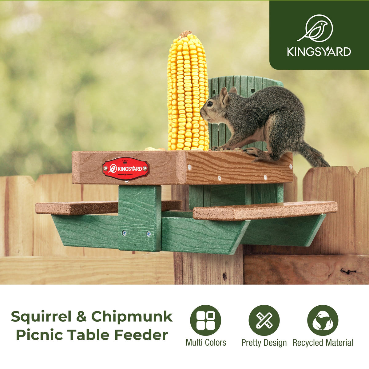 Kingsyard Squirrel Feeder Table central screw secures corn and snacks.