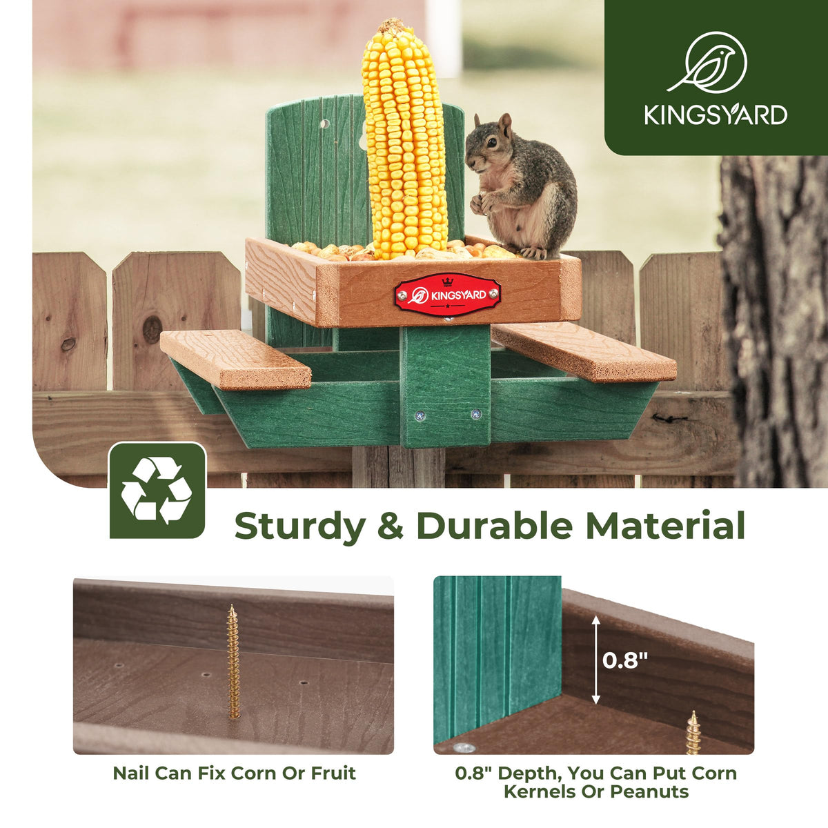 Kingsyard Squirrel Feeder Table durable recycled plastic for year-round use.