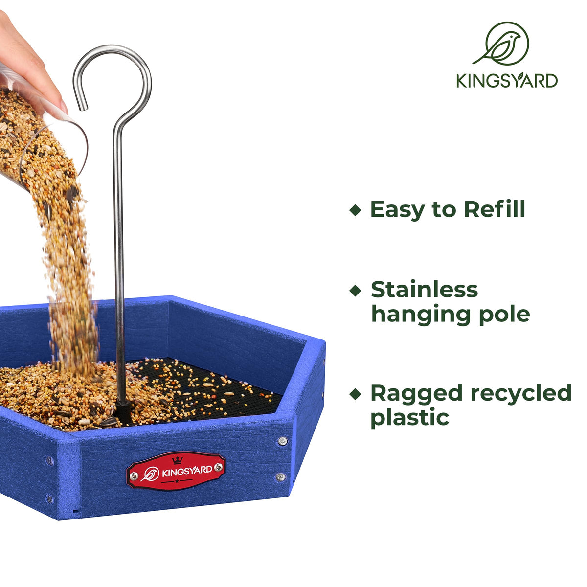 Kingsyard recycled-plastic tray emphasizes eco-friendly, low-maintenance feeding