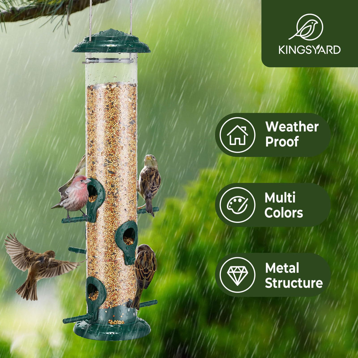 Kingsyard 15-inch tube feeder enables quick refills and easy seed level checks.