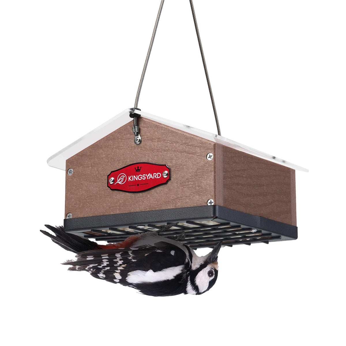 Kingsyard upside-down double suet feeder front view shows dual blocks designed for woodpeckers.