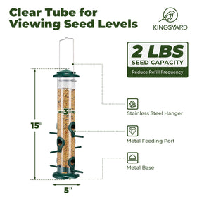 Kingsyard weatherproof green feeder protects seed from rain and moisture.