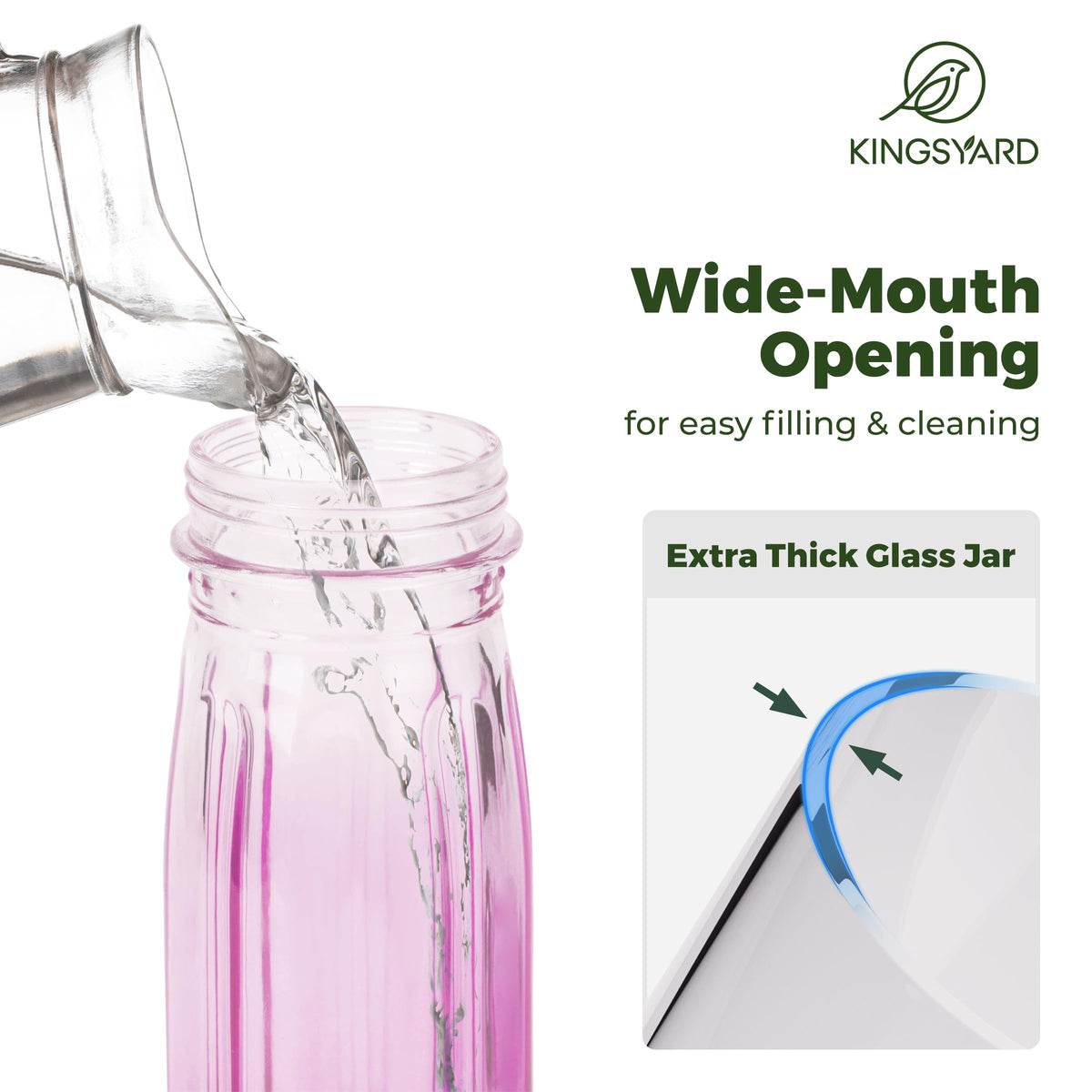 Kingsyard wide-mouth glass bottle is easy to refill and clean.