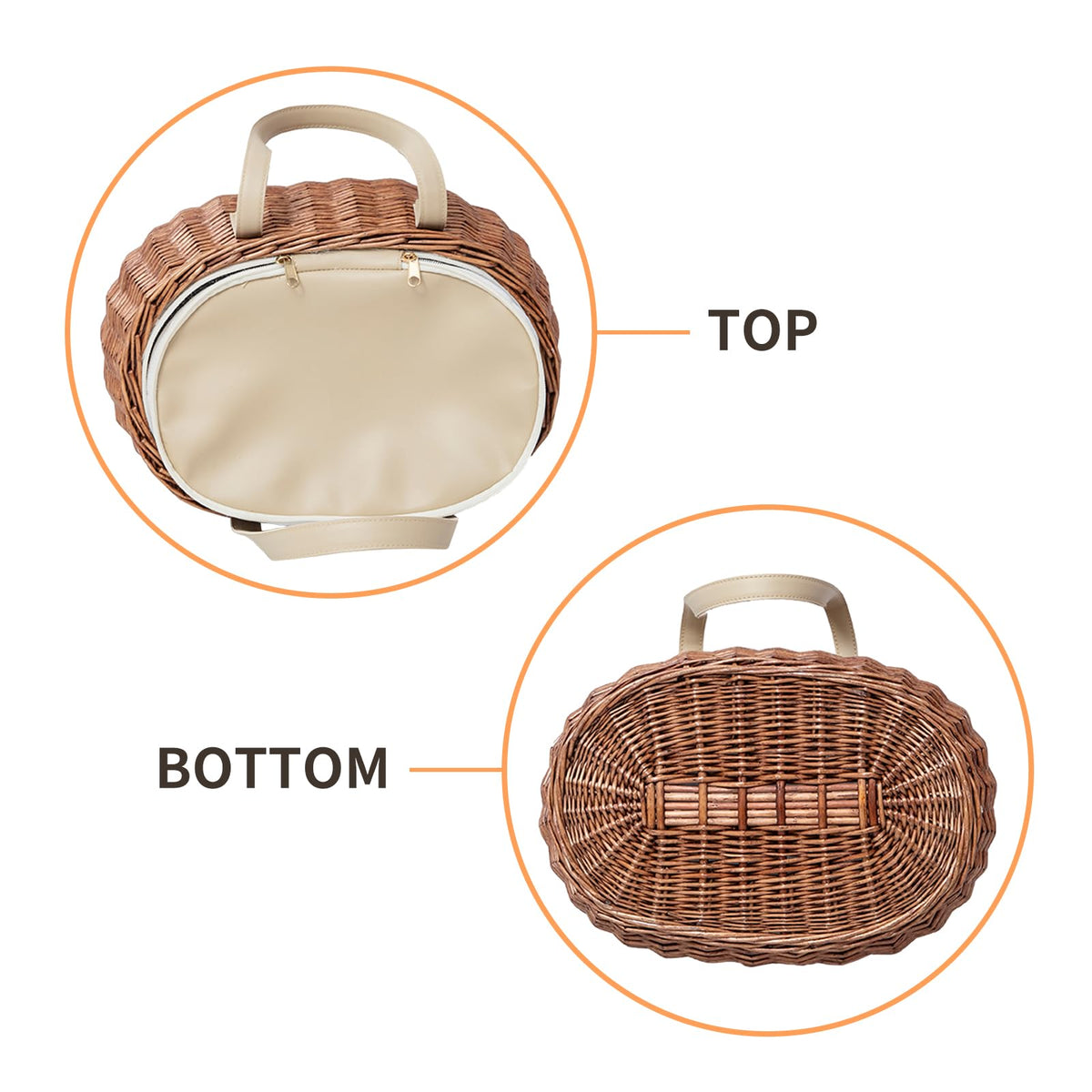KINGWILLOW wicker basket interior with items, showcasing organized storage for wine and cheese