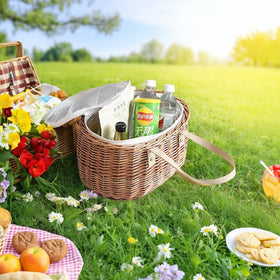 KINGWILLOW wicker insulated basket packed for a picnic, ready to go