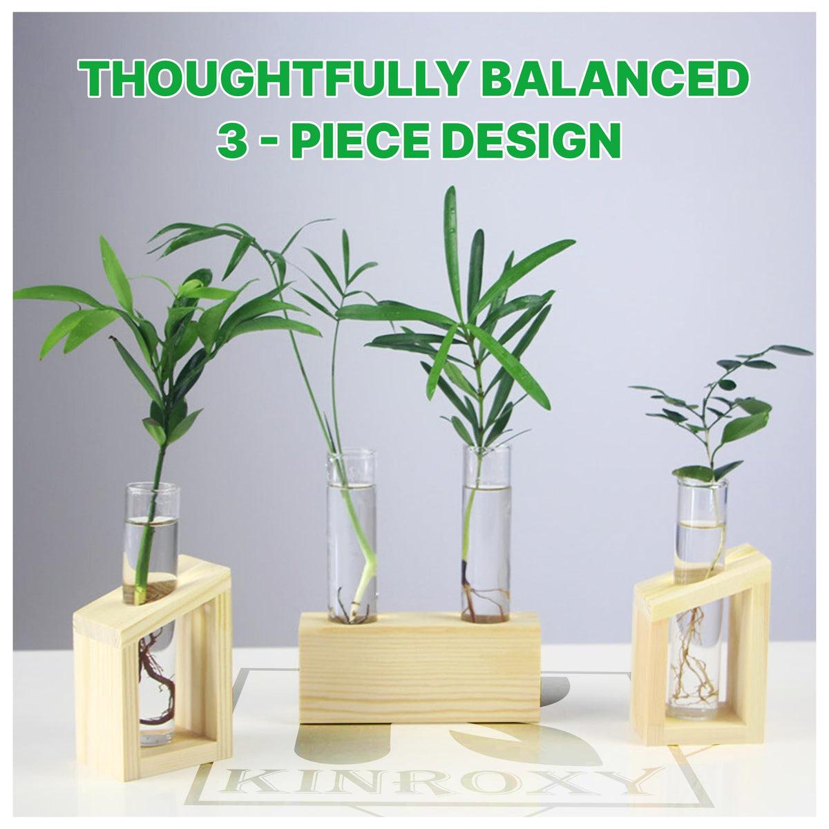 Kinroxy wooden stand and glass tubes blend with modern home office decor