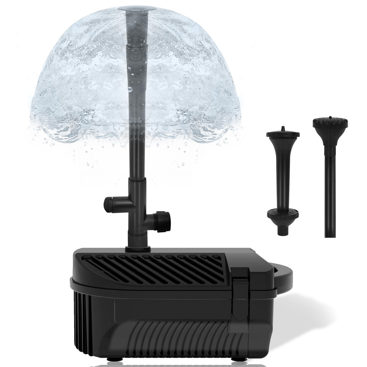 KioGro 1320GPH pump powers outdoor fountain with strong circulation.