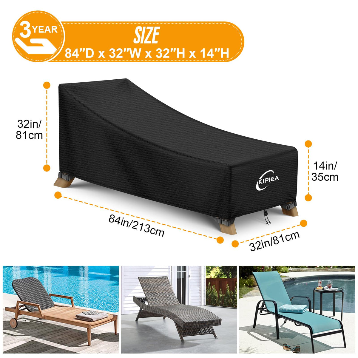 Kipiea chaise lounge cover with windproof buckles for secure fit.
