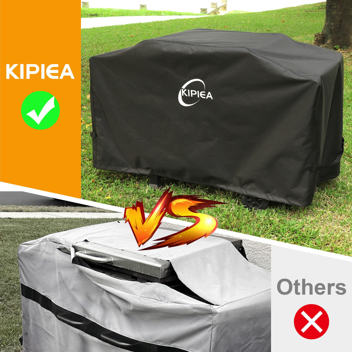 Kipiea griddle cover with buckles and drawstrings secures against wind.