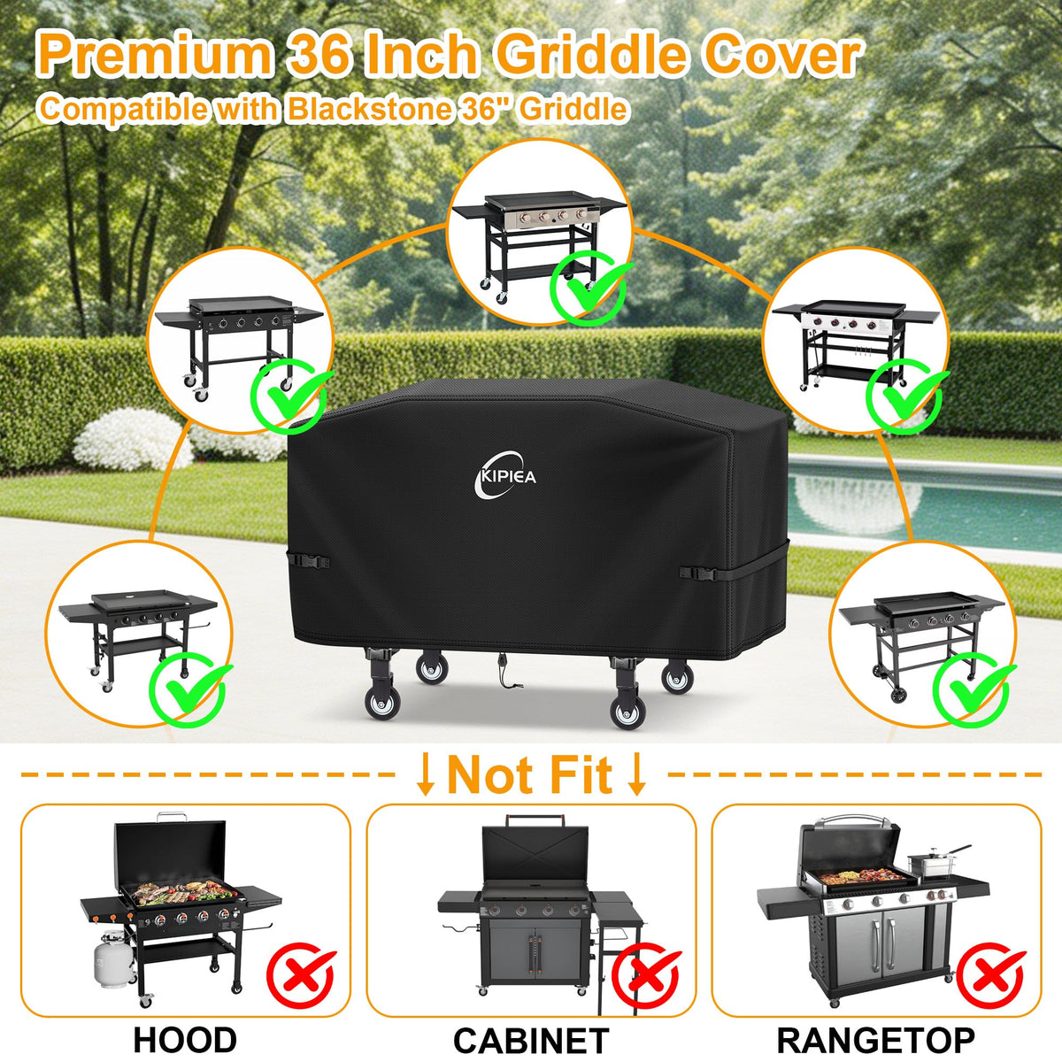 Kipiea griddle cover compatibility with Blackstone, Royal Gourmet, Nexgrill 36-inch models.