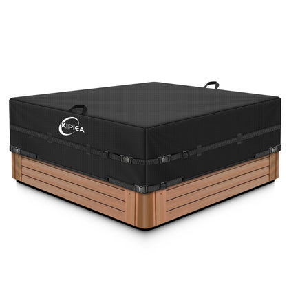 Kipiea 600D waterproof hot tub cover shields the spa from sun and rain.