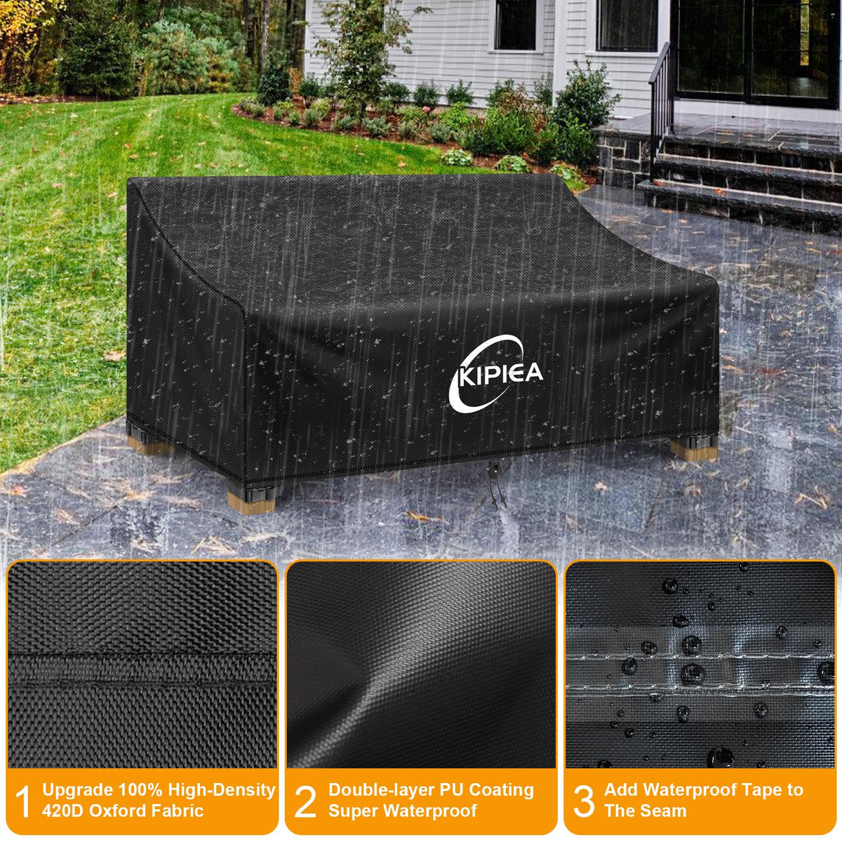 Kipiea loveseat cover shows UV-resistant fabric preventing color fading.