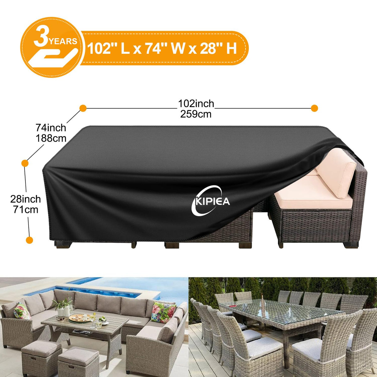 Kipiea outdoor cover secured with windproof buckles on a dining set.