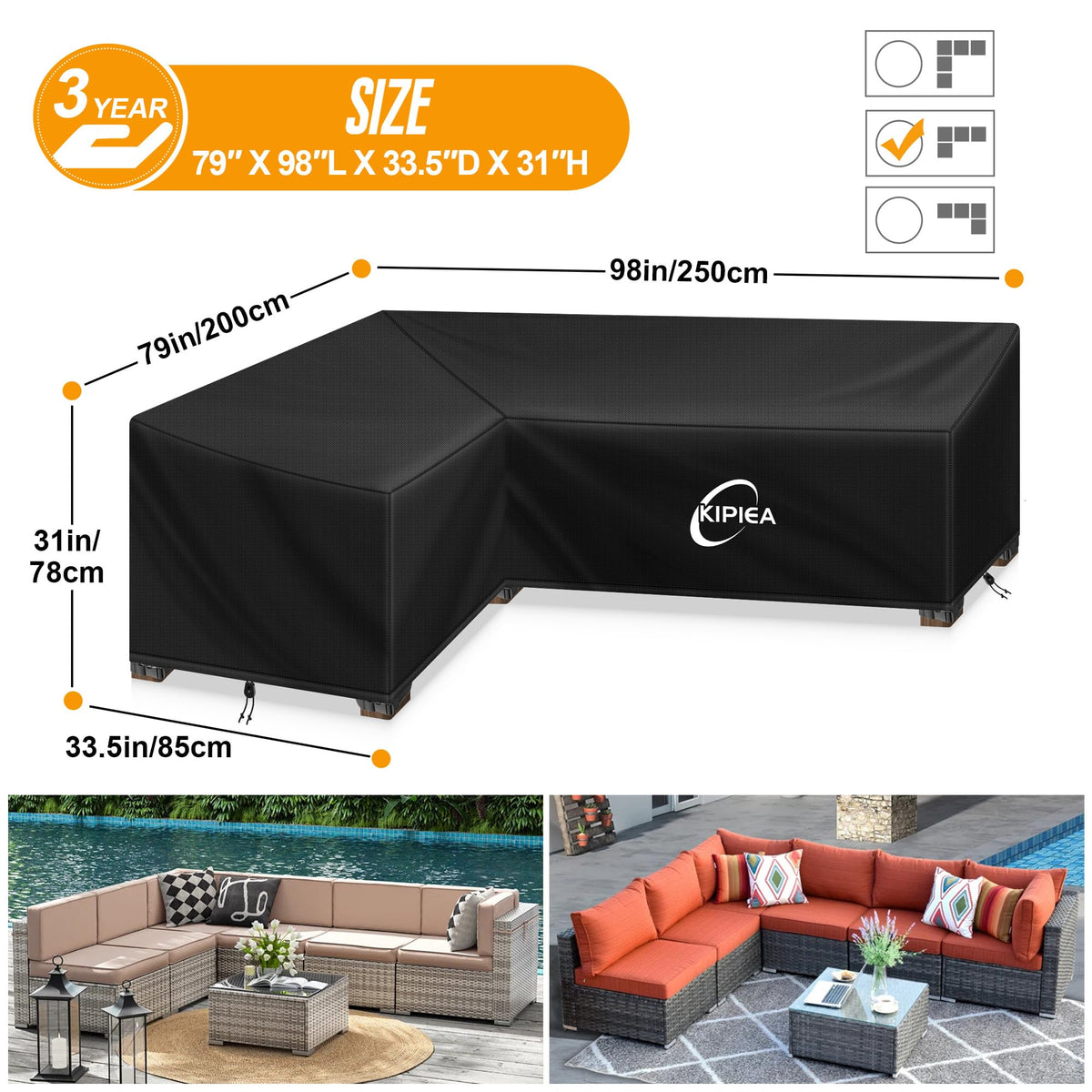 Kipiea outdoor sofa cover with windproof buckles secured on a windy day