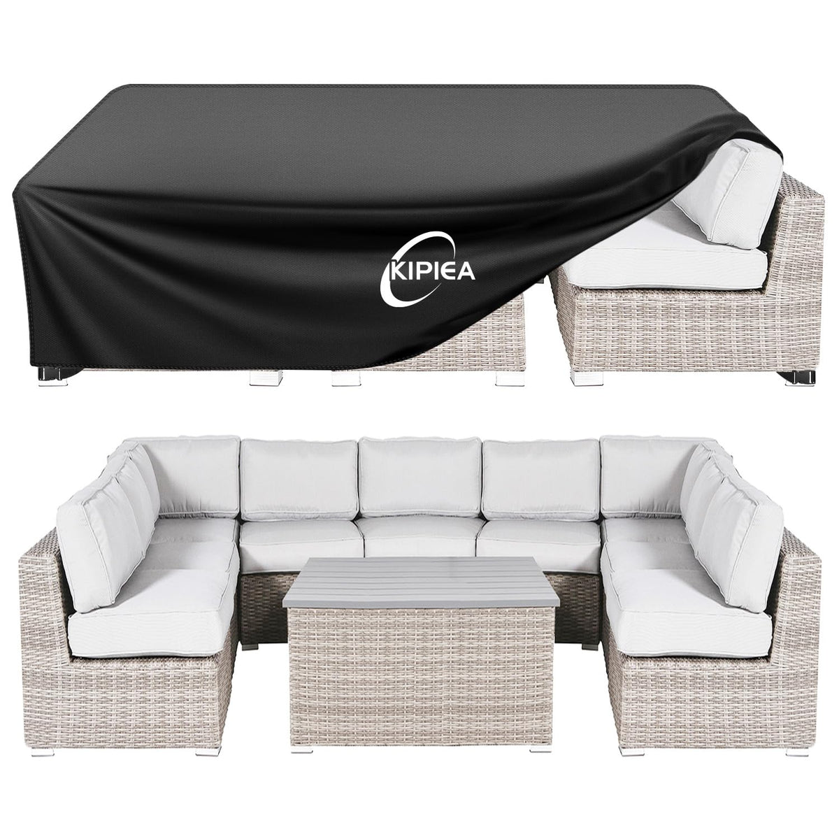 Kipiea patio furniture cover protects a table from rain with waterproof fabric.