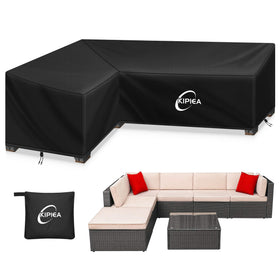 Kipiea Patio L-Shaped Cover left-facing protects outdoor sofa from rain and debris.