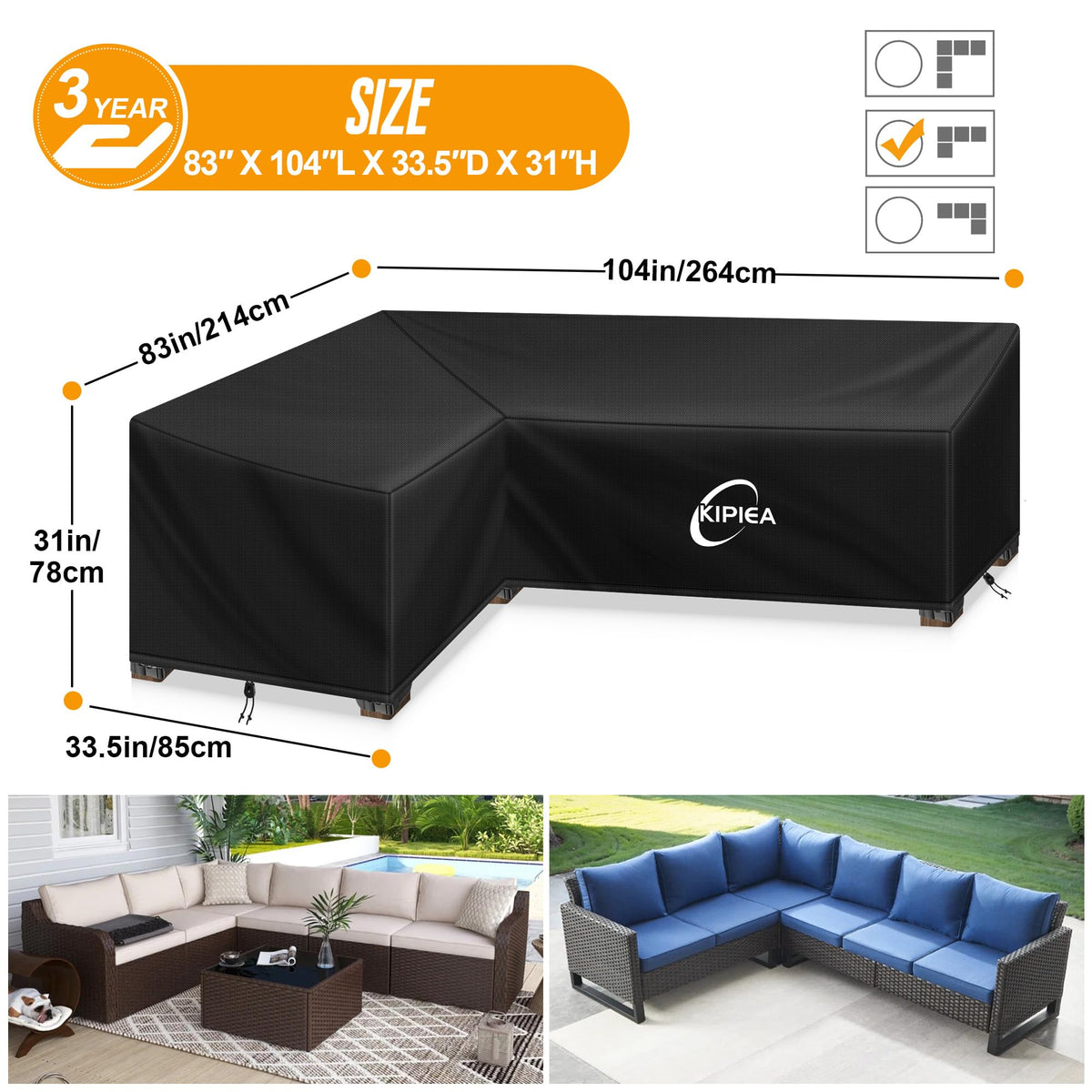 Kipiea Patio L-Shaped Cover six windproof buckles secure sofa during gusts.