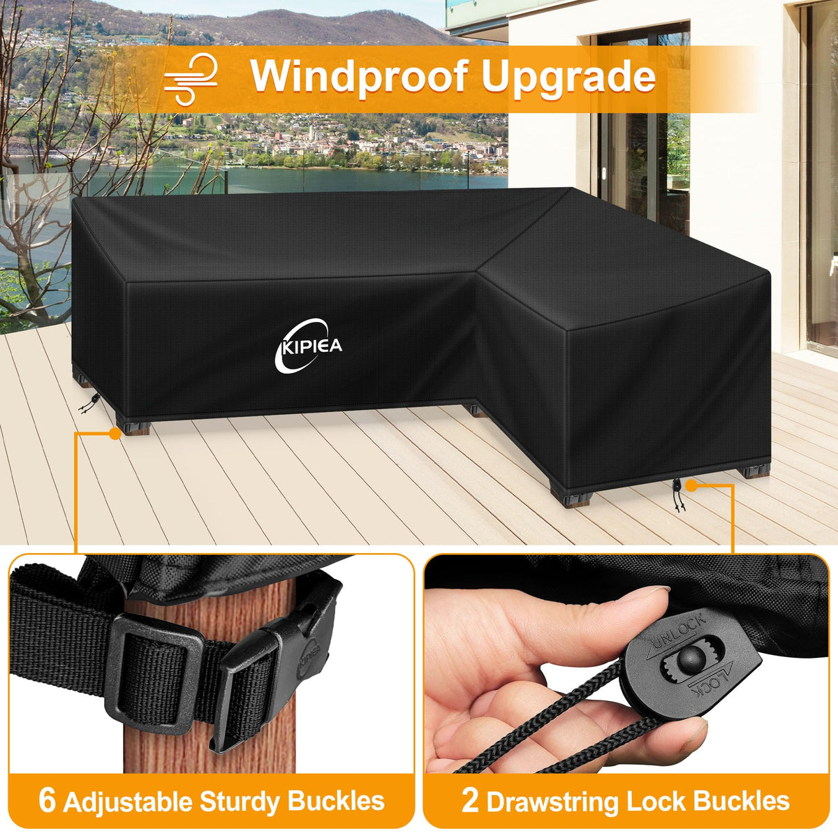 Kipiea l-shaped cover includes a storage bag for neat, space-saving storage