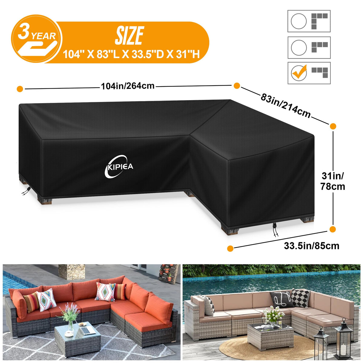 Kipiea patio l-shaped cover with waterproof seams keeps cushions dry after rain