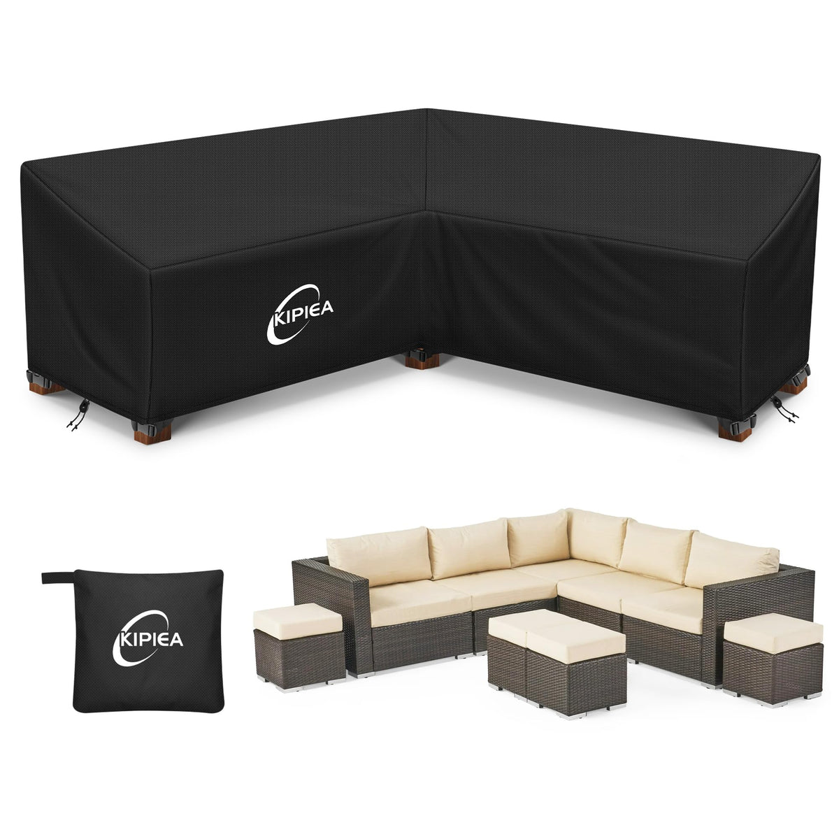 Kipiea patio sectional cover on a sofa protecting from sun and rain.
