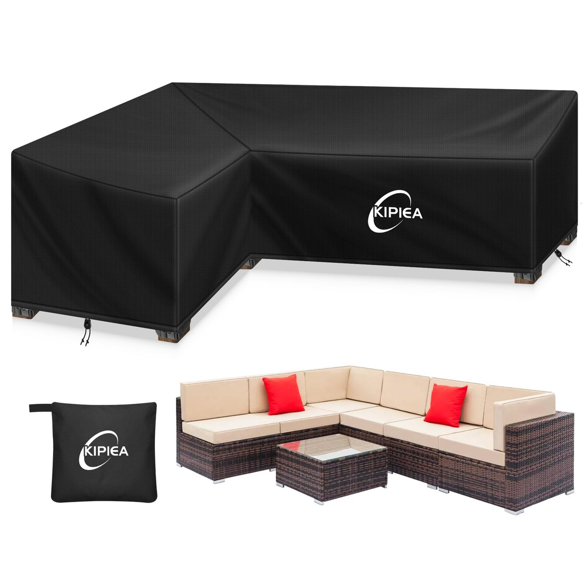Kipiea patio sectional cover showing waterproof coating protecting a left-facing sofa from rain